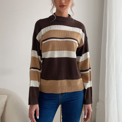 LOVECCR New Popular trade popular autumn and winter 2025 women's clothing striped splicing contrasting color semi-turtleneck knitted pullover sweater