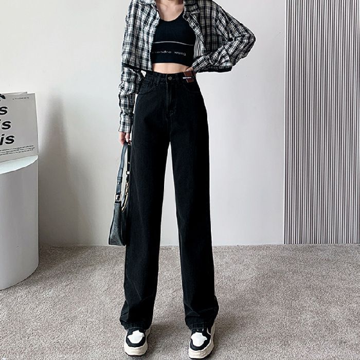 S2011 Retro High Waist Straight Jeans Women's Design Niche Loose Summer Draping Effect Distressed Mop Trousers