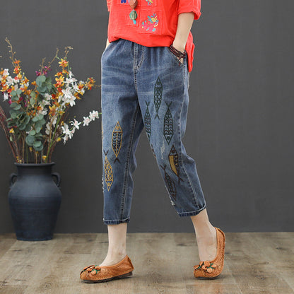 Women's Jeans Spring and Autumn Ripped Artistic Embroidered Women's Cropped Pants Elastic High Waist Oversized Jeans Women's Loose