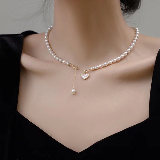 Natural Freshwater Pearl Necklace for Women Fritillary Love Pendant Ins Style 18K Gold-Plated Collarbone Necklace Necklace