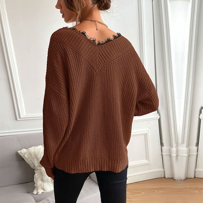 LOVECCR New explosion autumn and winter popular new splicing lace jumper V-neck commuter wind knitted sweater women