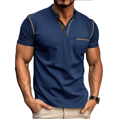 Summer European and American Style Men's Clothing Short-Sleeved Men's T-shirt Foreign Trade Men's Henley Shirt  Color Matching T-shirt Men's Wholesale