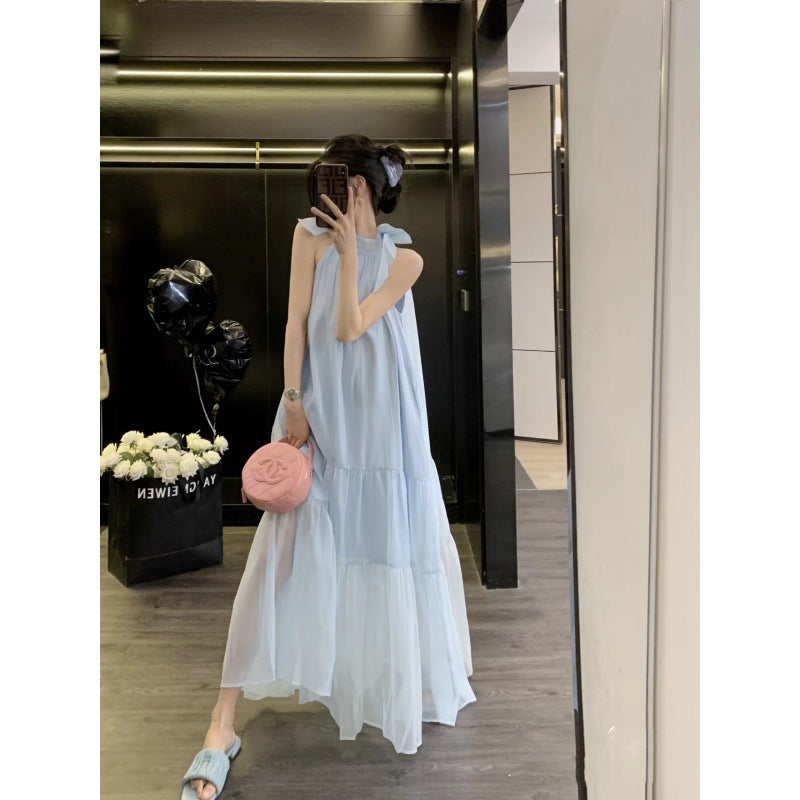 Star Zhang Bichen Wht Same Blue Bow Halter Spaghetti Straps Dress Summer Dress Seaside Vacation Skirt