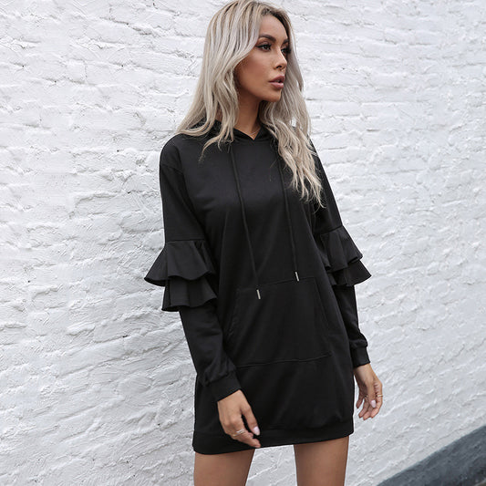 LOVECCR popular new long-sleeved pullover hooded skirt Popular trade women's clothing  New ruffle edge splicing hooded dress