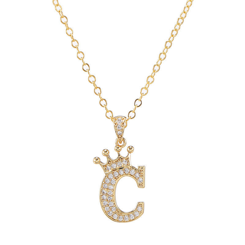 New Fashion Copper Inlaid Zircon Crown English Letter Personality Pendant Simple Women's Necklace Necklace Jewelry Manufacturer