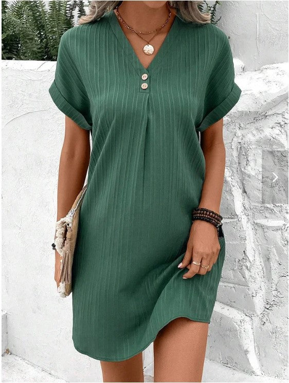 LOVECCR Cross-Border European and American Women's Clothing  New  Hot Sale V-neck Solid Color Pullover Leisure Button Dress in Stock