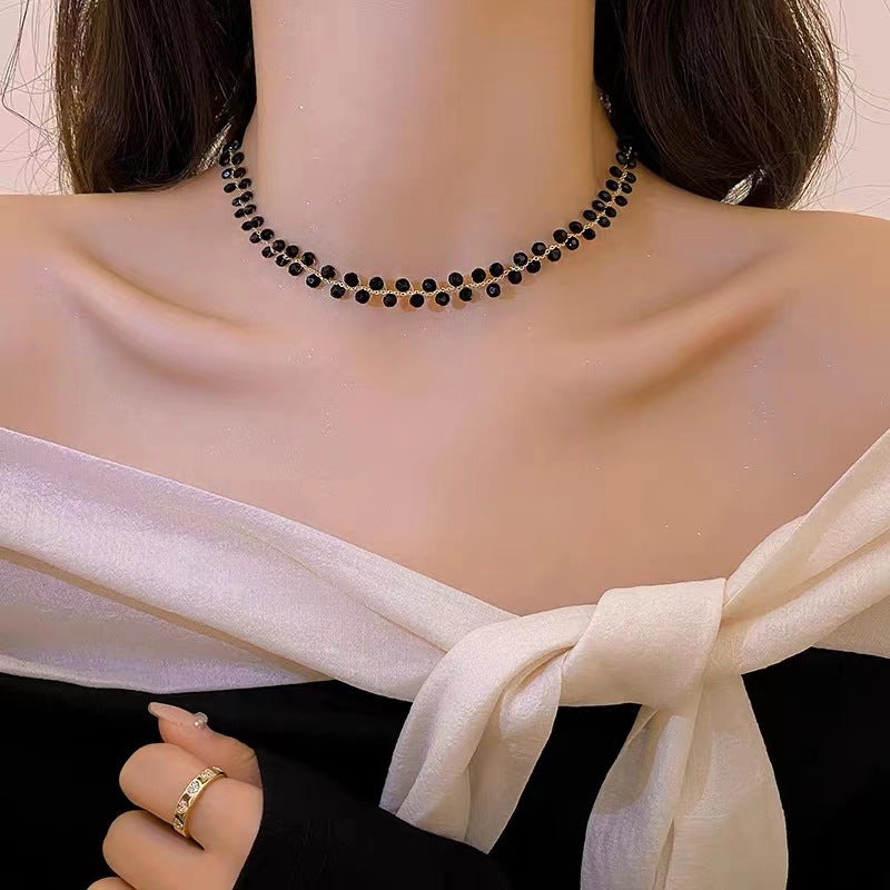 Cold Wind Black Crystal Necklace  New South Korea Simple Graceful Necklace Internet Celebrity High-Grade Clavicle Chain