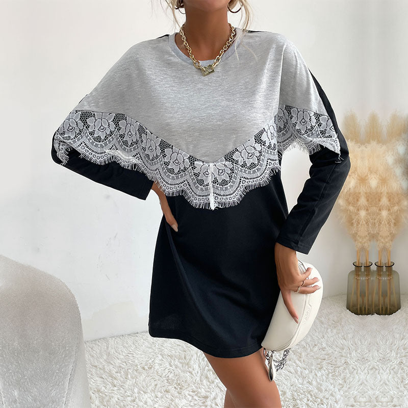 LOVECCR New  2023 Autumn New Crew Neck Pullover Lace Splicing Contrasting Color Medium and Long Sweater Women