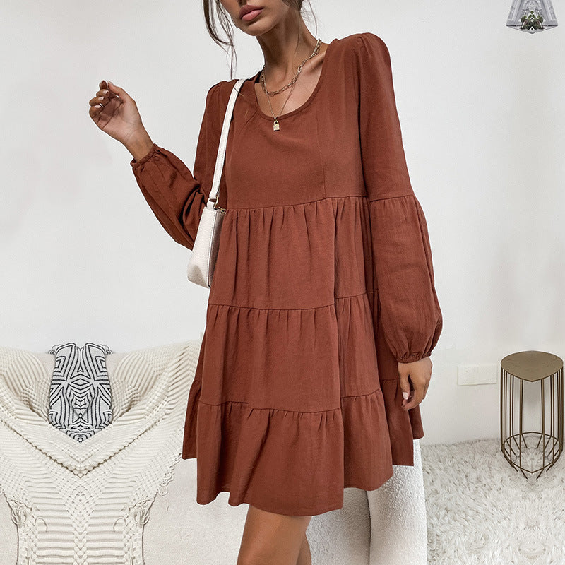 LOVECCR New  Women's Clothing Hot New 2025 Hot Trade Cake Folded Skirt Long Sleeve Loose Cotton and Linen Dress