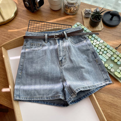 Retro Casual High Waist Denim Straight Shorts Women's Summer 2024 New Korean Style Slimming Wide Leg Pants with Belt