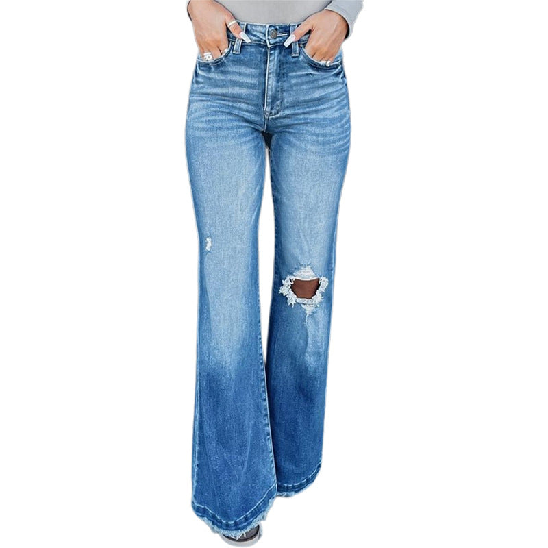 2024 Europe and America Cross Border Autumn and Winter New Casual Fashion Holes Distressed Blue Skinny Denim Trousers for Women