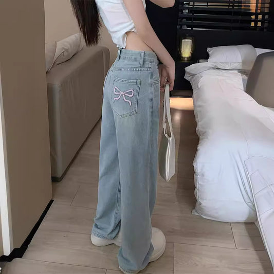 Women's Korean-Style Bowknot Embroidered Straight Jeans Summer 2024 New High Waist Loose and Slimming Drooping Wide-Leg Pants