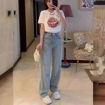 In Stock Early Spring 2024 Rhinestone New Chinese Style Chinese Style Embroidery Washed Jeans Women's All-Match Fashion Straight Pants Trendy Women's