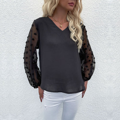 LOVECCR New 2023 Spring New Pullover V-Neck Perspective Long Sleeve Lace Chiffon Shirt Women's Wholesale