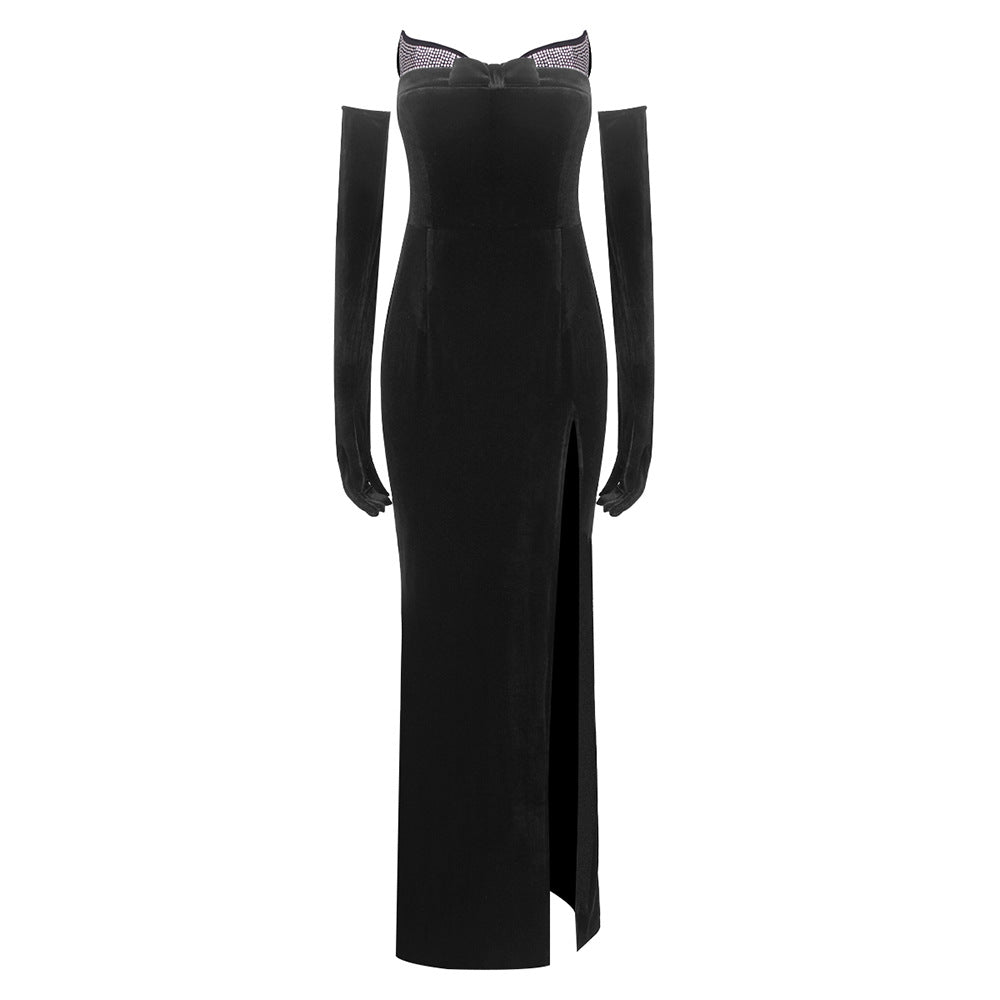 LOVECCR summer new 2025 women's clothing hot diamond tube top dress sexy black velvet long dress