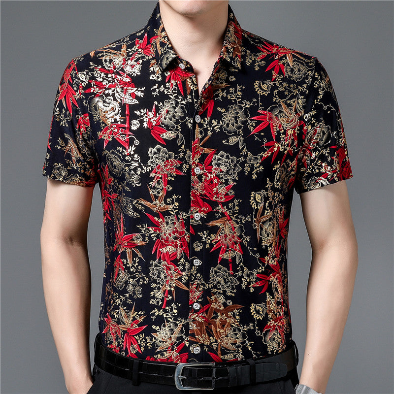 Middle-Aged Men's Summer Short Sleeve Printed Shirt Loose Non-Ironing Casual Half Sleeve Ice Silk Shirt Bronzing Thin Top Fashion