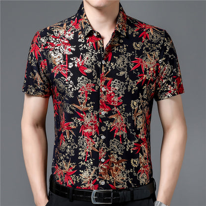 Middle-Aged Men's Summer Short Sleeve Printed Shirt Loose Non-Ironing Casual Half Sleeve Ice Silk Shirt Bronzing Thin Top Fashion