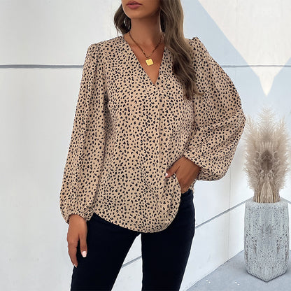 LOVECCR Cross-border  popular spring and summer Popular trade 2025 commuter tops long-sleeved V-neck leopard print design shirts women