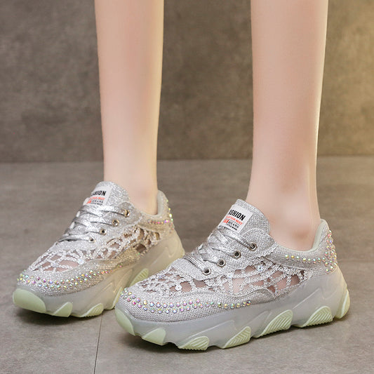 loveccr Breathable Rhinestone Dad Shoes Women  Summer New Korean Style Lace Jelly Thick Bottom Casual Sneaker Women Wholesale