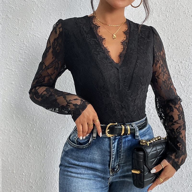 LOVECCR 2025 foreign trade explosion lace splicing long-sleeved onesie slim-fitting lace V-neck women's clothing hollowed-out jumpsuit at the back