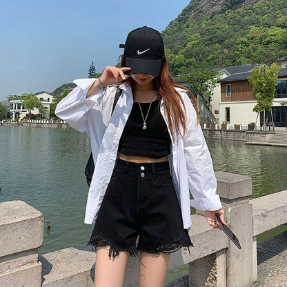 Double Buckle Thin Denim Shorts Women's Korean-Style High Waist Black Ins Style Hot Girl Raw Hem Ripped Wide Leg A- line Hot Pants Summer