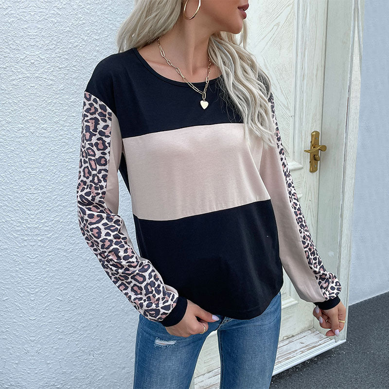 LOVECCR Cross-border Popular trade popular autumn 2025 contrasting color pullover top women's fashion street leopard print splicing bottoming T-shirt