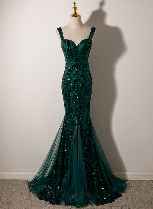LOVECCRGreen Mermaid Long Straps Sequins Long Prom Dress, Green Mermaid Evening Dress