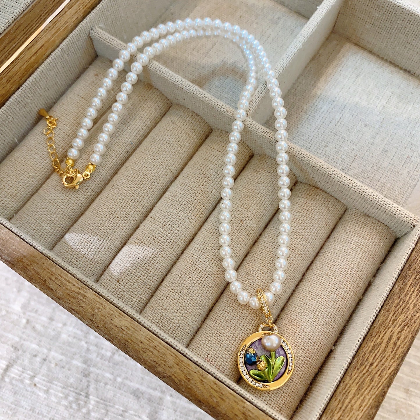 LOVECCR Oil Painting Natural Freshwater Pendant Fine Pearl Necklace Female Middle Ancient New Chinese Style National Style Light Luxury Minority Clavicle Chain Neck Chain