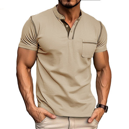 Summer European and American Style Men's Clothing Short-Sleeved Men's T-shirt Foreign Trade Men's Henley Shirt  Color Matching T-shirt Men's Wholesale