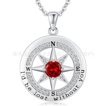 HOT and NEW Cross Border S925 Sterling Silver Compass Compass Necklace Female Twelve Birthstone  Pendant Clavicle Chain