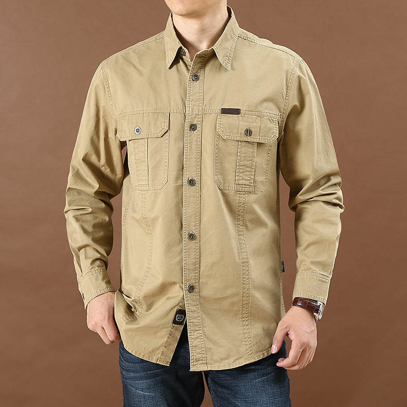 Men's Casual Loose Long-Sleeved Shirt New plus Size Solid Color Young and Middle-Aged Shirt Autumn Workwear Pocket Style