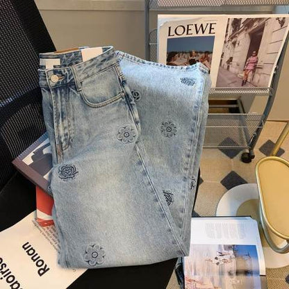 2024 Spring and Summer New Embroidery Jeans Women's High Waist Design Sense Niche Light Blue Straight-Leg Pants Children's Delivery