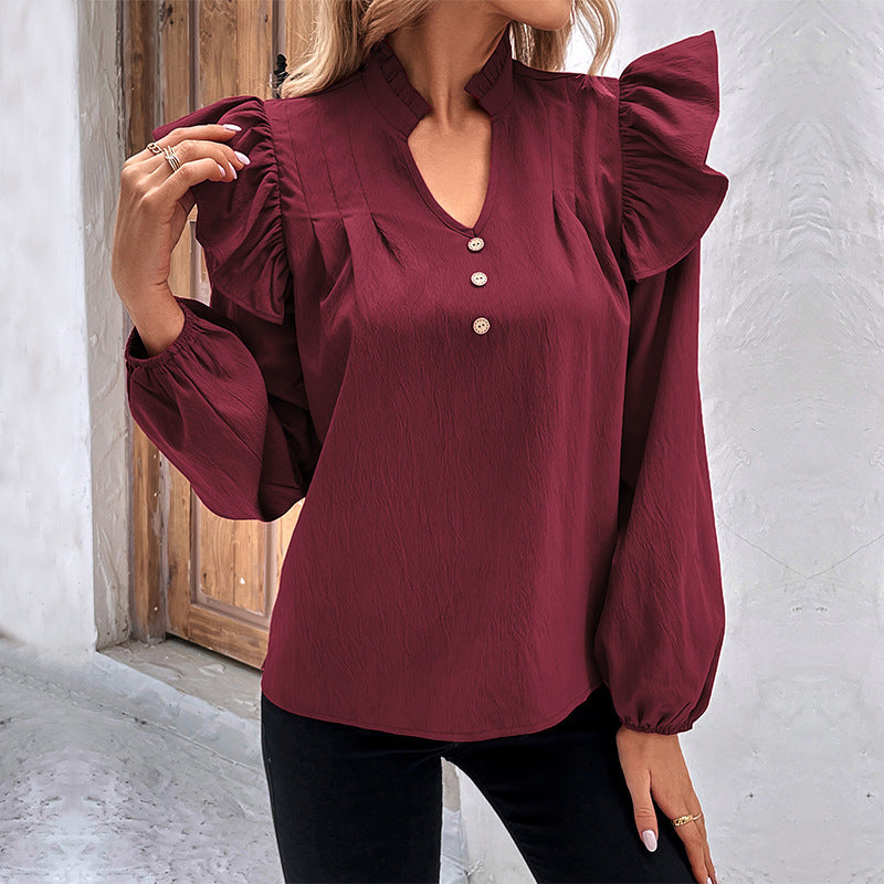 LOVECCR New  2025 commuter women's clothing Hot early autumn new ruffle edge long-sleeved design shirt