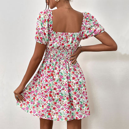 LOVECCR Hot summer new floral dress temu  popular skirt high waist bubble sleeve dress