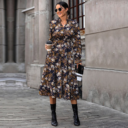 LOVECCR 2025  Hot autumn floral temperament commuter dress retro printed women's dress V-neck fashion dress