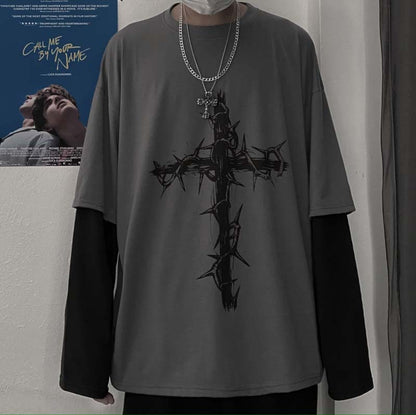 Spring and Autumn Trendy Ins Dark Cross Printed Loose False Two Pieces Long Sleeve T-shirt Men and Women Hip Hop Couple Outfit