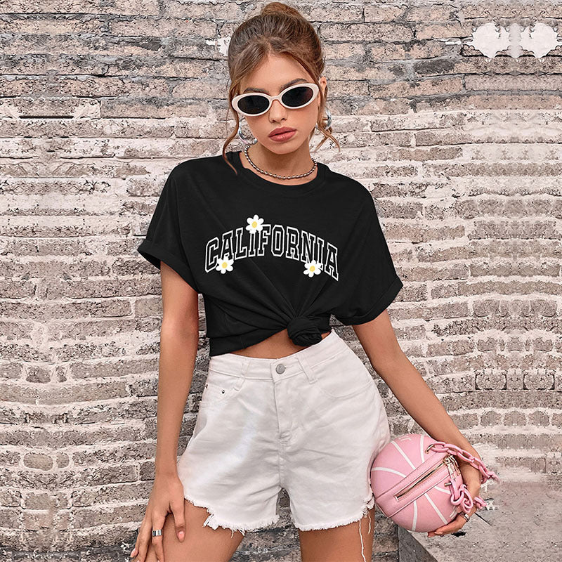 LOVECCR new popular summer 2025 women's clothing round neck solid color pullover basic top short sleeve t-shirt printed women