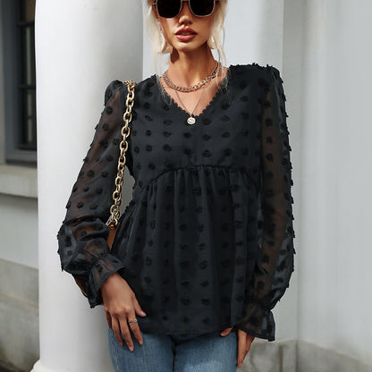 LOVECCR popular Spring Cross-border Women's Clothing V-Neck Pullover Mesh Hairball Jacquard Top  New Long Sleeve Shirt