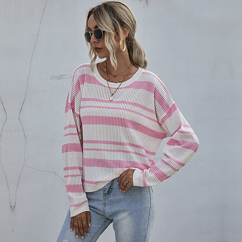 LOVECCR  foreign trade Hot early autumn pink pullover round neck striped knitted sweater women's casual pullover