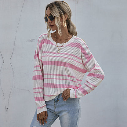 LOVECCR  foreign trade Hot early autumn pink pullover round neck striped knitted sweater women's casual pullover