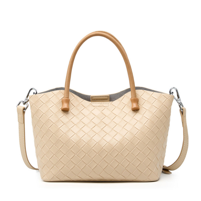 LOVECCR 2025 Handbag popular spring and summer new women's bag fashionable woven large-capacity simple cowhide shoulder portable leather bag