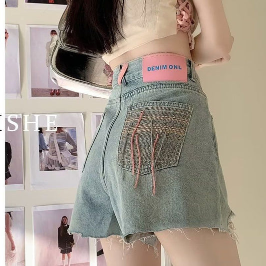 Ripped Denim Shorts Women's Summer 2024 New High Waist Slimming Raw Hem Wide Legs Loose A- line Hot Pants Trendy Ins