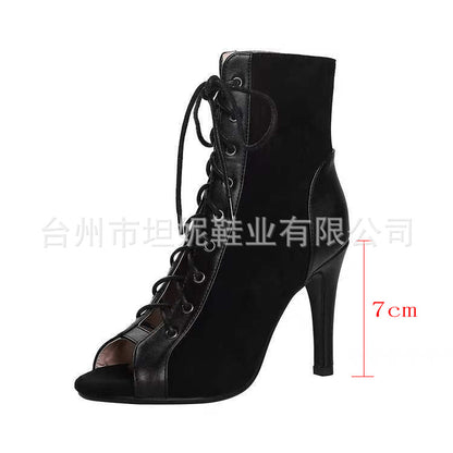 loveccr  HOTan and NEWn Lace-up Sandal Boots Women's  Summer Hollow-out Ankle Boots Stiletto Heel Dancing Shoes plus Size Open Toe Sandals