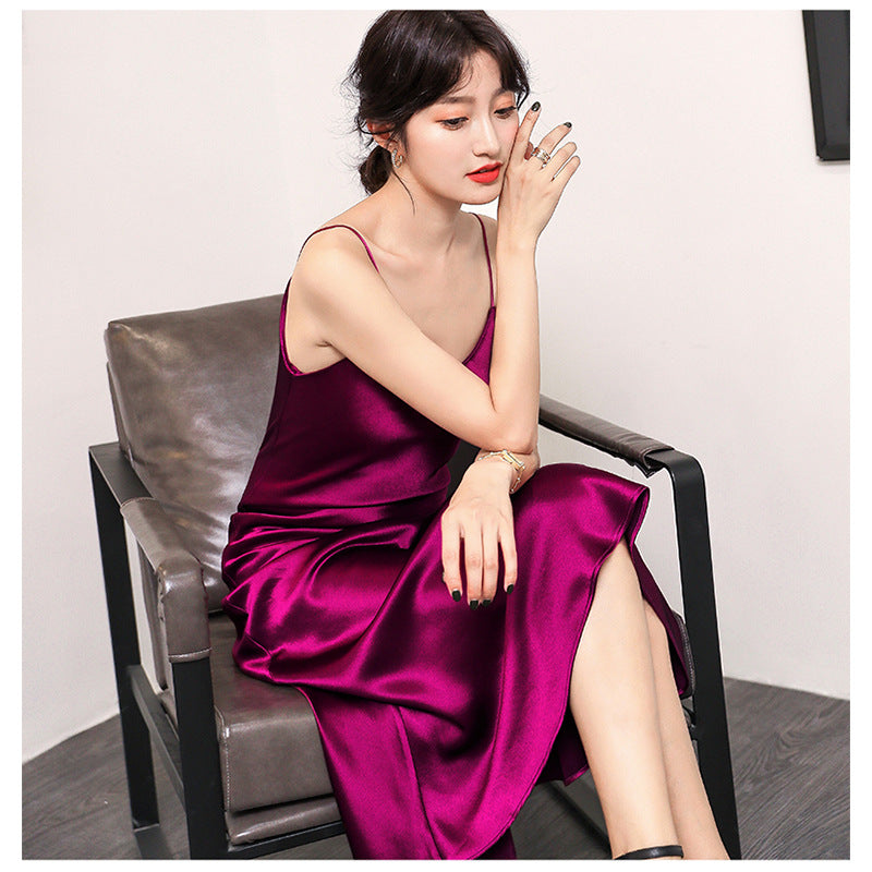 Spring and Summer Hot-Selling Acetic Acid Dress Satin Slim All-Match Internet Celebrity Halter Skirt TikTok Set Long Dress