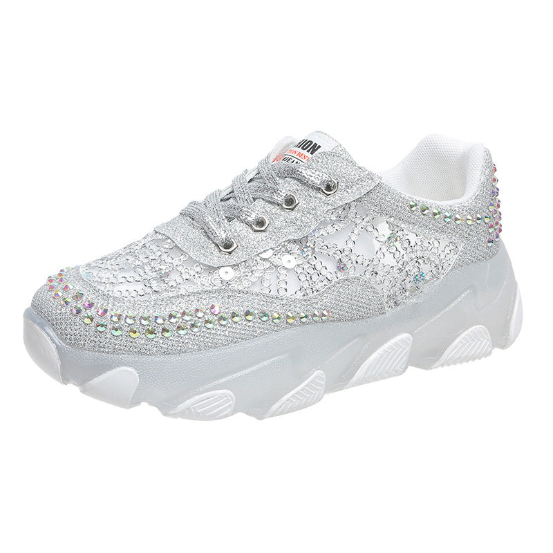 loveccr Breathable Rhinestone Dad Shoes Women  Summer New Korean Style Lace Jelly Thick Bottom Casual Sneaker Women Wholesale