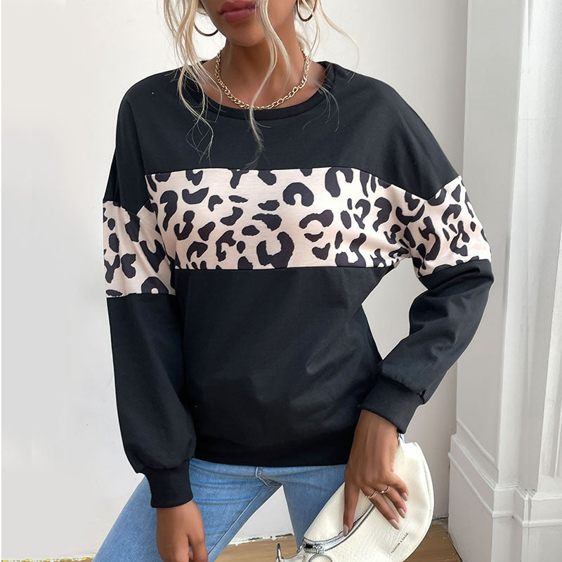 LOVECCR  Popular trade autumn new popular 2025 women's clothing round neck sleeve splicing leopard print sweater