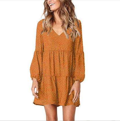 LOVECCR Cross-Border European and American Foreign Trade New Women's Fashion V-neck Long Sleeve Polka Dot Ruffled Loose Casual Temperament Dress