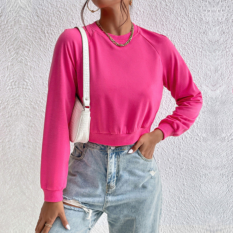 LOVECCR popular New Early Autumn Casual Sports Rough Sleeve Top Hot Trade Color Matching Short Navel Crew Neck Pullover Sweater