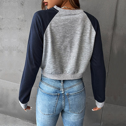 LOVECCR popular new spring and autumn college style shoulder sleeves BM 2025 Popular trade color matching short navel round neck pullover sweater