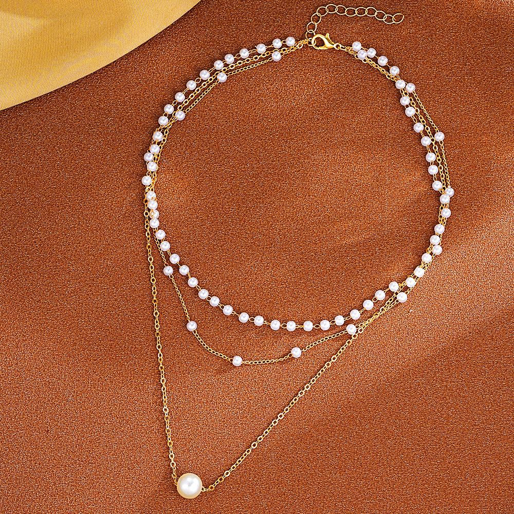 HOT and NEW Cross Border New Fashion Pearl Chain Pendant Three-Layer Necklace Women's All-Match Light Luxury Temperament High Sense Necklace